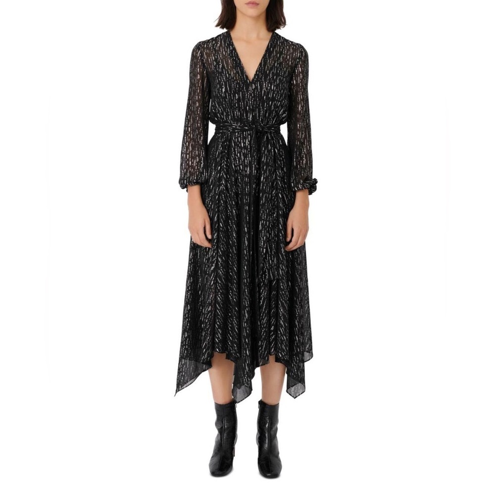 Maje Gathered Metallic Georgette Midi Dress